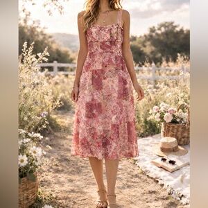 Vintage ARAMA Pink Floral Patchwork Slip Dress Lace Strap Cottagecore A-Line